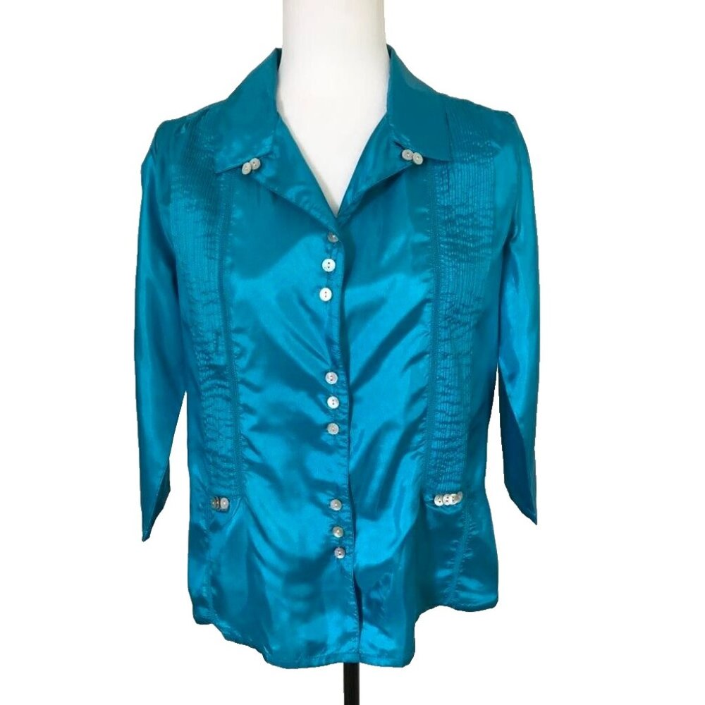 Vintage APRIL CORNELL Button Up Blouse Top Size Small Silk Blend Turquoise Blue